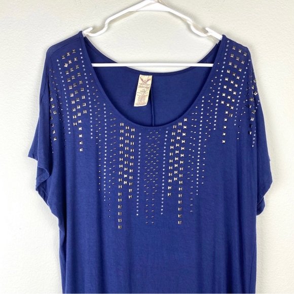 Plus Size 1X Blue Embellished Scoop Neck Ruch Sides Faded Glory EUC - Picture 9 of 9